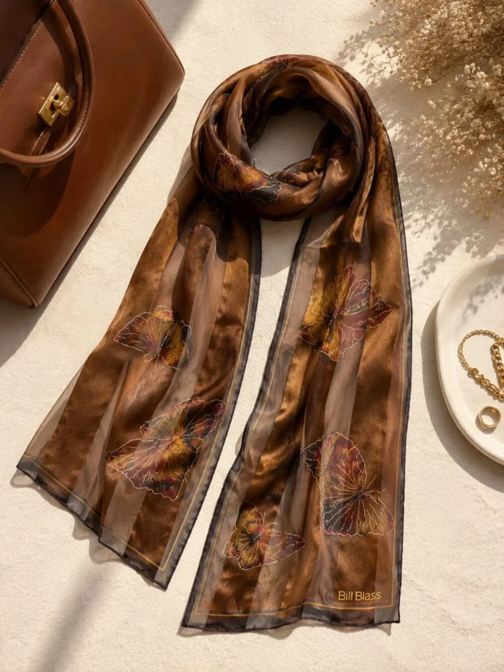 Vintage Bill Blass 100% Silk Butterfly Oblong Scarf Brown Sheer 13x55